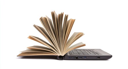 Open book resting on a laptop computer.