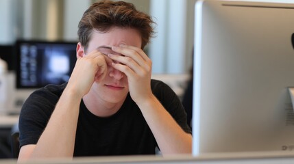 Student Experiencing Frustration While Studying at a Computer in a Classroom During a Busy Academic Day