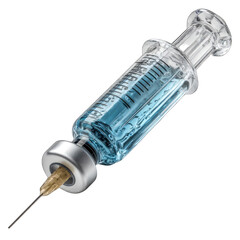 Glass syringe and vial, filled with light-blue liquid.  Medical injection device, angled perspective.  Clear glass components, metallic cap