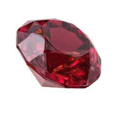 Close-up of a rich, deep red gemstone.  Facets and reflections highlight its polished surface, angled slightly, showcasing its brilliant facets