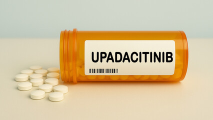 Box of UPADACITINIB tablets on a hospital pharmacy table used to treat rheumatoid arthritis a JAK inhibitor. © Semi