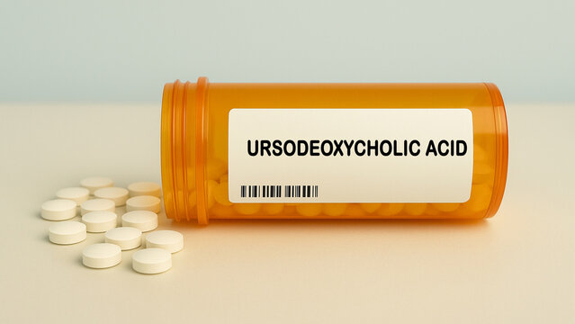 Box of URSODEOXYCHOLIC ACID tablets on a hospital pharmacy table used to dissolve gallstones and protect liver a bile acid supplement.