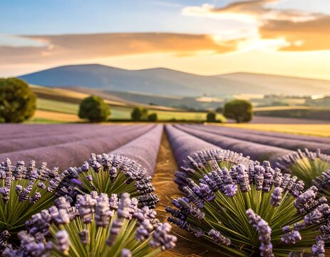 Lavender field at sunrise, rows of vibrant purple flowers stretching to distant hills