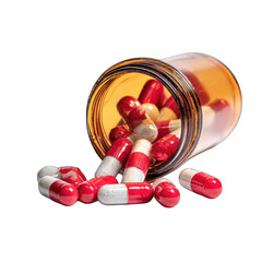 Amber glass jar spills red and white pills