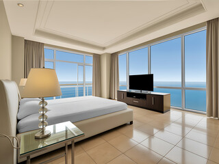 Luxurious modern bedroom with a large bed and stunning panoramic ocean views from floor to ceiling windows