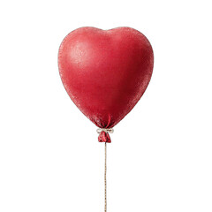 A heart-shaped red balloon, tied to a string, against a black background.  The balloon has a slightly textured, almost painted, appearance