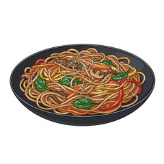 Delicious stir-fry noodles with beef, vegetables, and sesame seeds, a flavorful Asian dish.