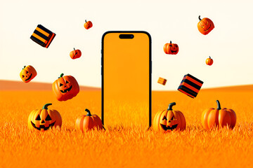 Spooky pumpkins and phone in orange field halloween