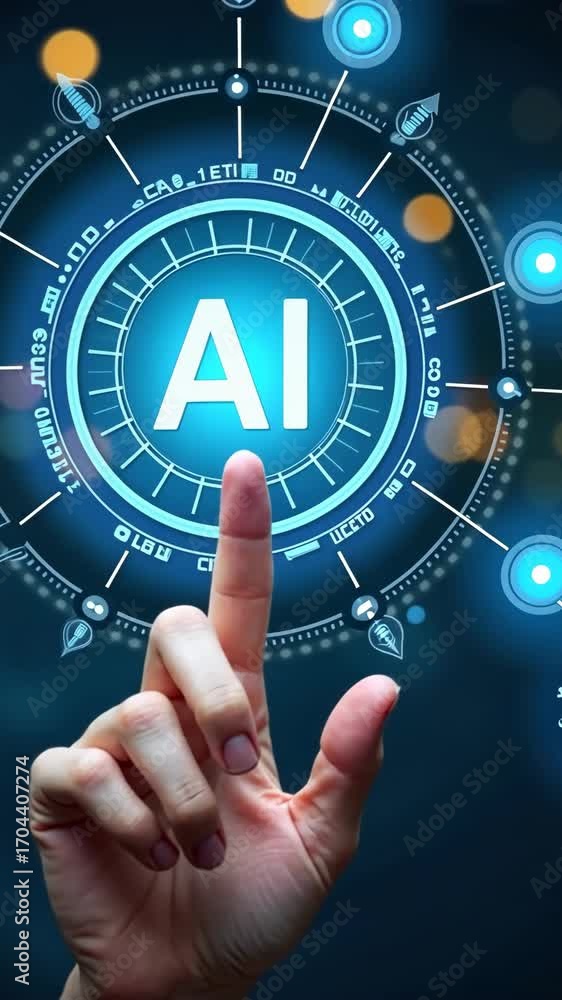 Poster digital interface with blue and white elements, surrounded by virtual modern futuristic hi-tech inte