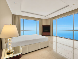 Luxurious modern bedroom with large windows offering stunning panoramic ocean and sky views during the day