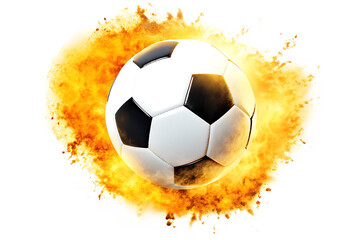 Fototapeta premium Soccer ball exploding with fiery orange and yellow energy burst football explosion isolated on a transparent background