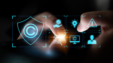 Fototapeta premium Digital copyright protection system showing secure ownership, intellectual property rights, content verification, and legal warning icons for creators and publishers Latch