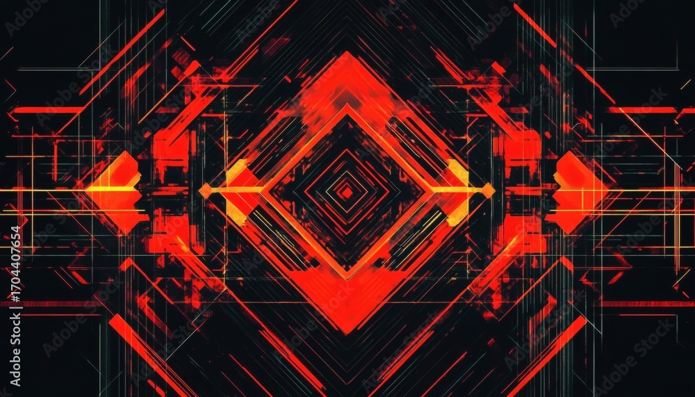 Poster the illustration shows a symmetrical pattern of intersecting lines and shapes in shades of red and b
