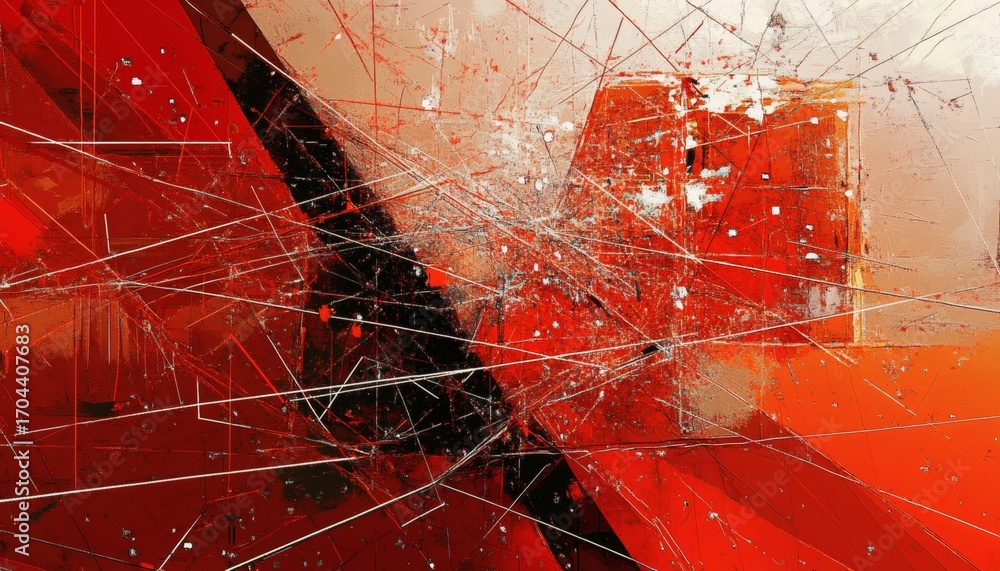 Poster the illustration shows an abstract painting with red, black, and white geometric shapes and lines cr