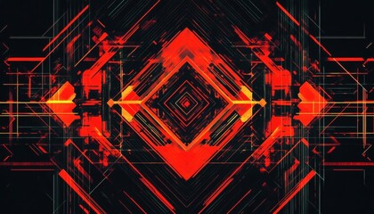 The illustration shows a symmetrical pattern of intersecting lines and shapes in shades of red and black, creating a visually striking composition.
