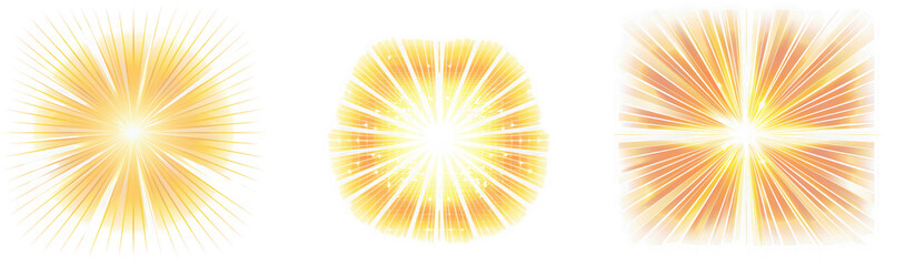 Obraz premium Three radiant bursts of light, each with a unique shape and intensity, isolated on transparent background, creating a vibrant and energetic composition
