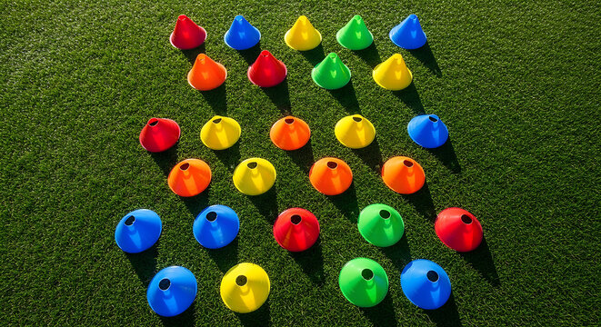 Colorful training cones arranged in a pattern on artificial turf for sports practice and drills