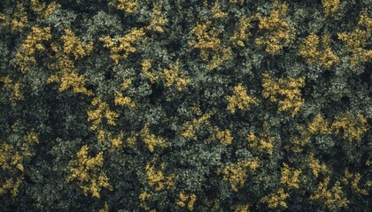 The image shows a high-angle, close-up view of a bush with small, dark green leaves and clusters of bright yellow flowers.