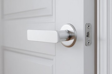 Doorknob. Door handle and latch of brass on veneer doors. Metal door handle with and keyhole on white door. Close - up elements of the interior of beautiful apartment. Elegance and modernity design
