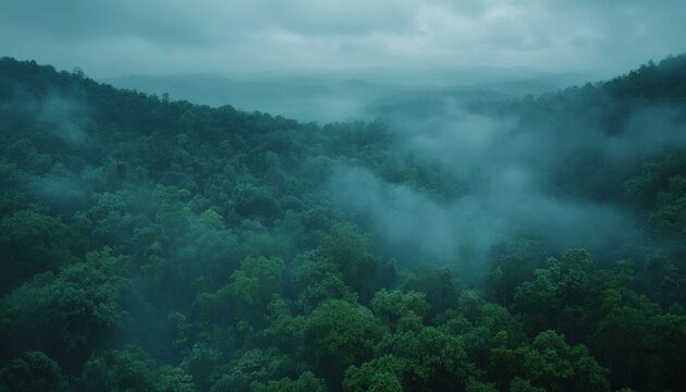Thick fog covers a dense forest landscape, creating a mysterious and serene atmosphere.