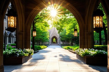 Fototapeta premium Sunlit walkway through arched passageway in a university courtyard.