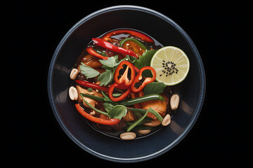 Vibrant overhead view of a delicious asian noodle salad with fresh vegetables and a lemon slice