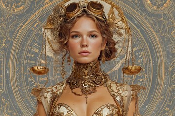 Golden Steampunk Woman as Libra Zodiac with Scales and Astrological Symbols, Wearing Brass Jewelry and Goggles, on Ornate Celestial Background with Blue-Gold Color Palette