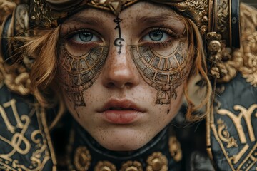 Close-up portrait of steampunk woman with astrological facial markings and ornate golden armor, Libra zodiac theme, symbolic facial tattoo design, retrofuturistic fantasy concept, dark gold tones