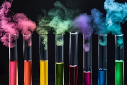 Colorful chemical reaction inside transparent tubes against black background floating liquid shapes