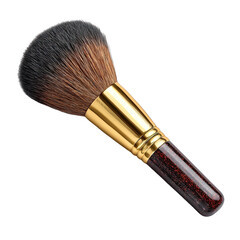 Makeup brush, round,  dark brown bristles, gold-toned handle.  Reddish-brown accents