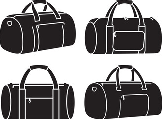 Four stylized black duffel bags in a silhouette style