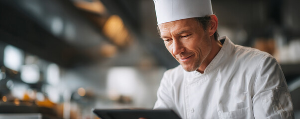 A smiling chef consults a digital tablet in a commercial kitchen. Represents modern culinary management, technology in food service, and recipe development.