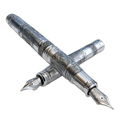 Ornate, silver-toned fountain pens crossed.  Detailed engravings adorn the barrel