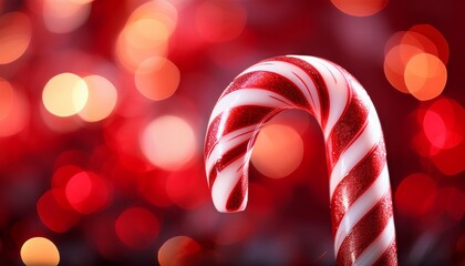 Close Up Of Frosted Candy Cane With Swirling Red Stripes Against A Blurry Background Of Shimmering Red Bokeh Lights Perfect For Holiday Imagery And Festive Themes