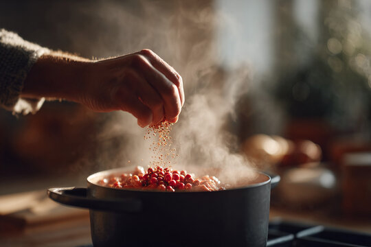 Closeup of a hand adding spices to a steaming pot of food. Captures the essence of home cooking, warmth, nourishment, and culinary passion. Excellent for blogs and recipes.