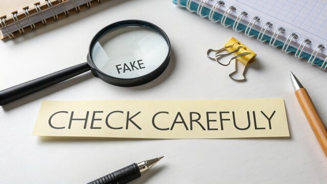 Magnifying Glass Highlighting Fake Text with Stationery Items Around