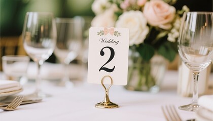 Elegant wedding table setting with floral centerpiece and number 2  