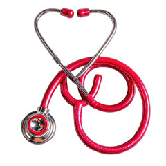 A red stethoscope coiled into a heart shape.  Medical instrument with shiny metal components and a vibrant red tubing
