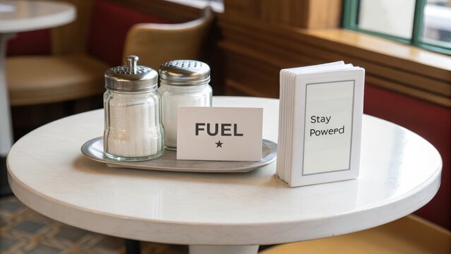 Cozy Café Table Setting with Sugar Containers and Motivation Sign