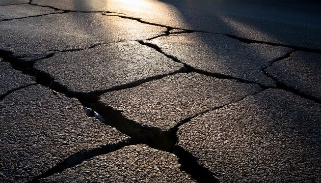 Close Up Of Cracked Asphalt Pavement Highlighting Texture And Shadows With Natural Light - Powered by Adobe