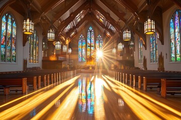 Fototapeta premium Sunlight streams through stained glass windows in a grand church.