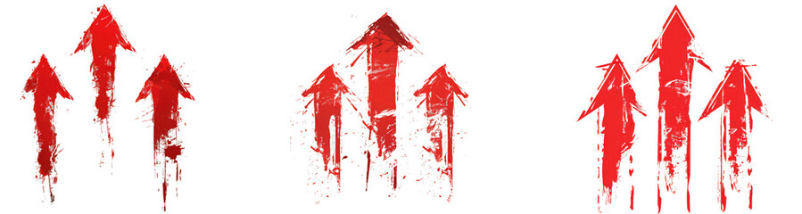 Three sets of red arrow marks pointing upwards, isolated on transparent background the arrows have a distressed, grunge texture