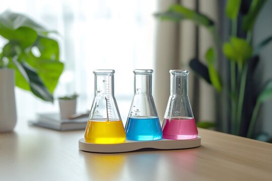 Colorful chemistry liquids laboratory flasks science research equipment on table natural lighting educational materials setup
