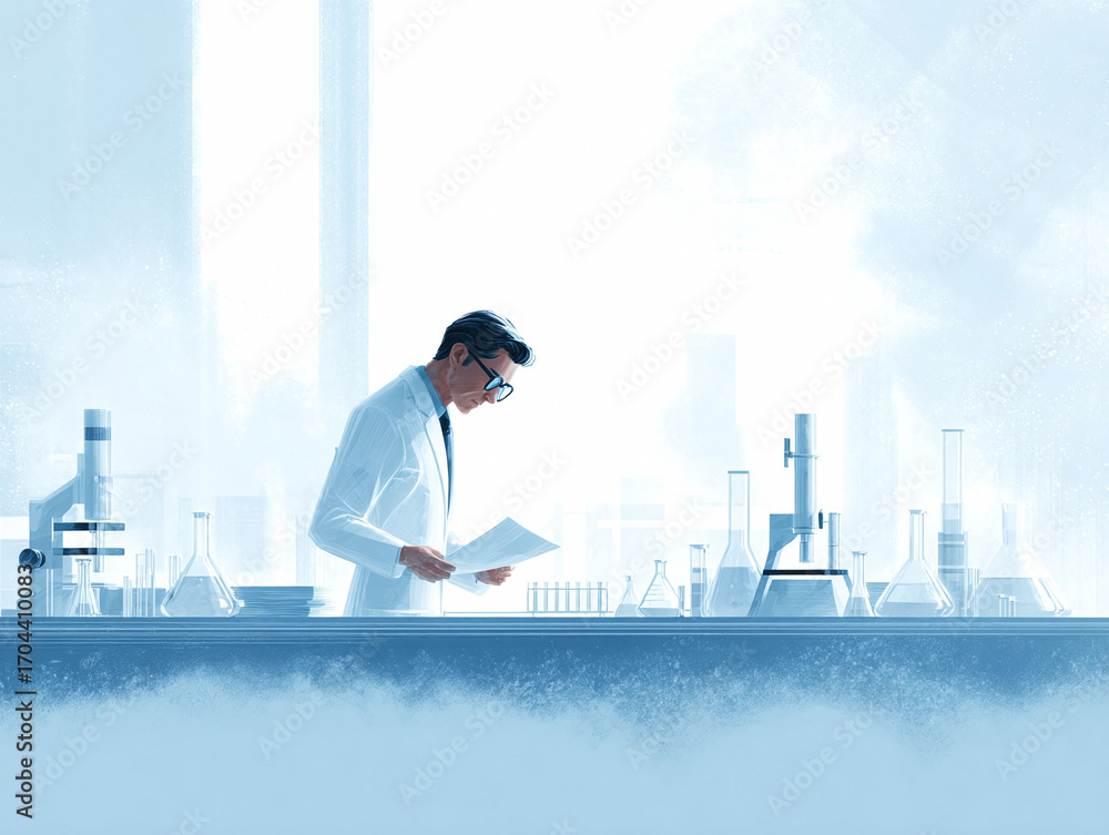 Poster conceptual illustration of a scientist in a lab coat reviewing research. ideal for depicting science