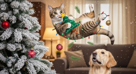 cat is caught mid-air, falling from decorated Christmas tree.  humorous holiday scene captures chaos and playful trouble of having pets during Christmas season in cozy home.