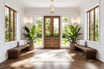 Fototapeta premium A bright, welcoming foyer with wooden benches and large plants.