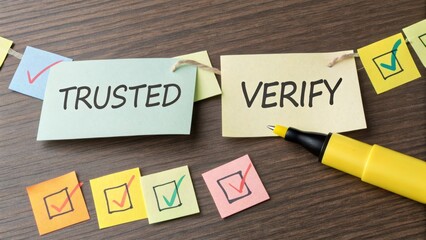 Trusted and Verify Concept with Sticky Notes and Pen on Wood Surface