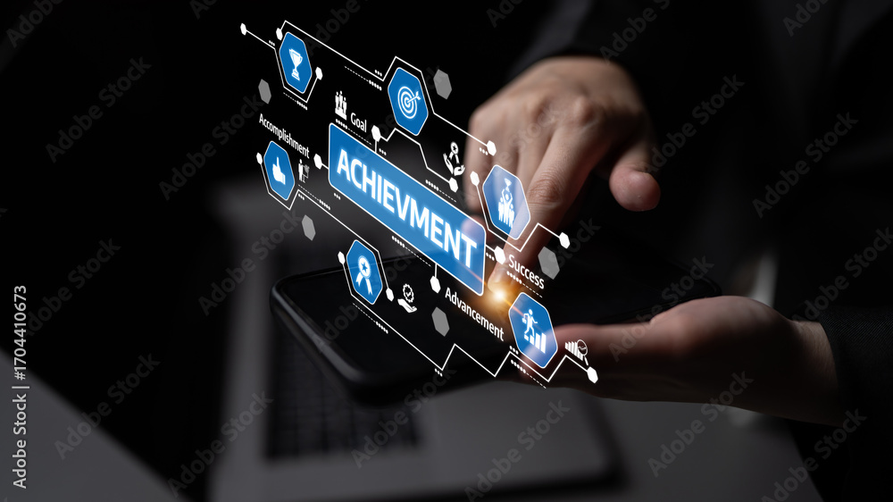 Poster a close-up of hands using a smartphone displaying an achievement concept with digital icons, symboli