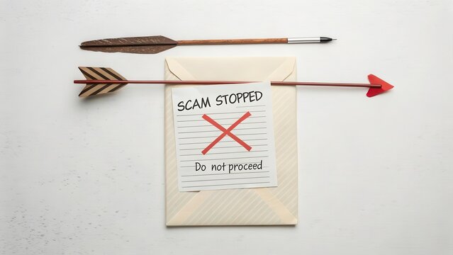 Document with warning about scam prevention with arrows and pen