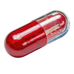 Close-up of a bright red medicinal capsule.  Transparent segments show internal details.  High-gloss finish on the outer shell